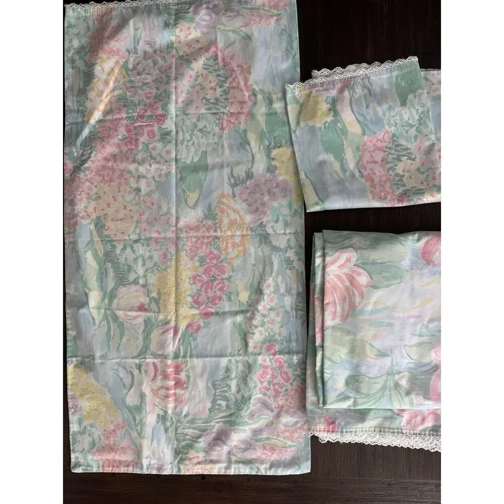 King Sheet Set Claude Monet Floral Waterlily Pastel Lace USA Atelier Martex VTG